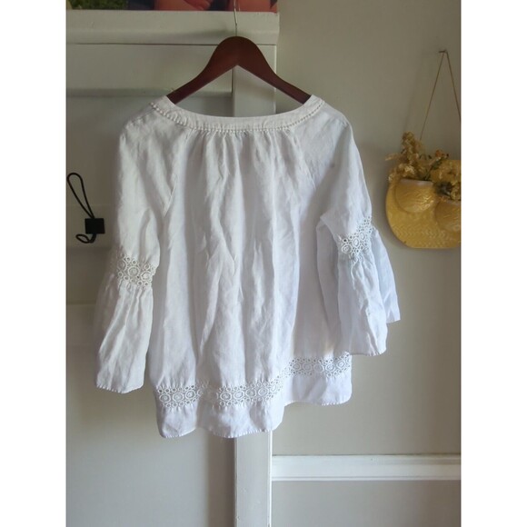 Crown & Ivy Women's M White Linen Blend Quarter Sleeve Bell Sleeve Summer Blouse - Picture 10 of 16